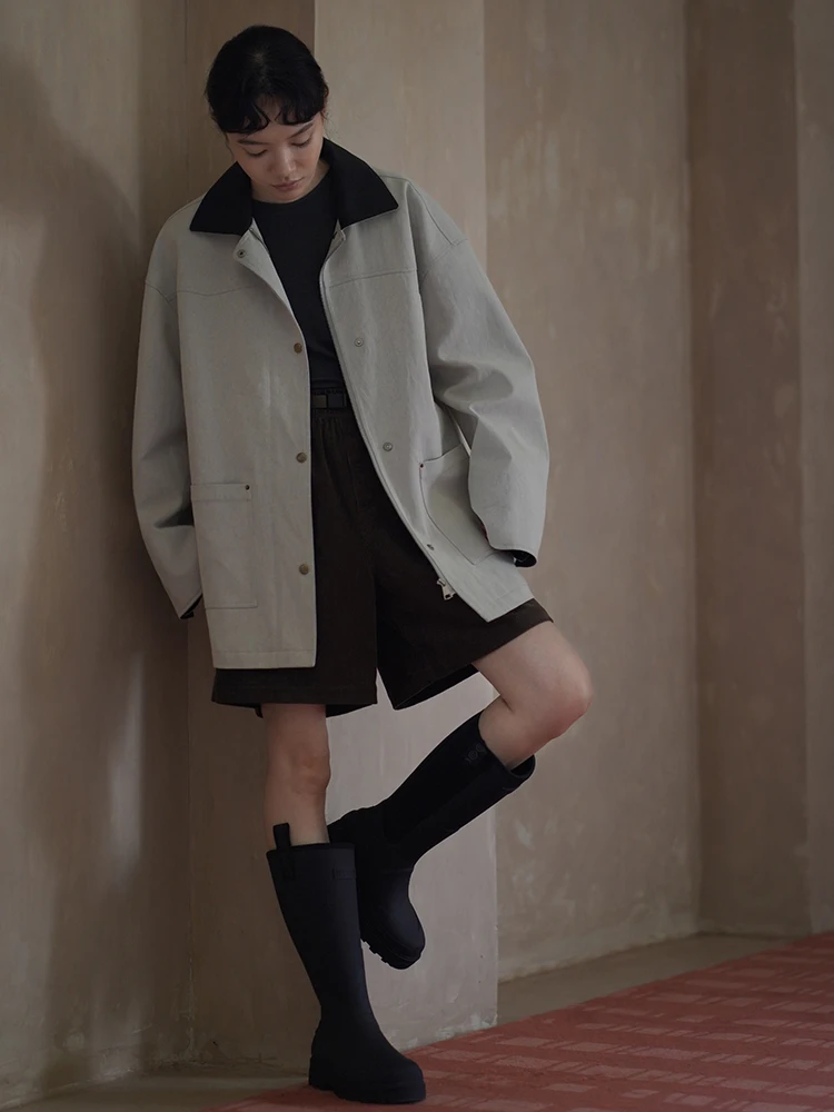 

Hacikis Miss Retro Workwear Hiking Jaet Loose Fit Structured Plaid Slimming Color Blo Collar Long Coat for Women