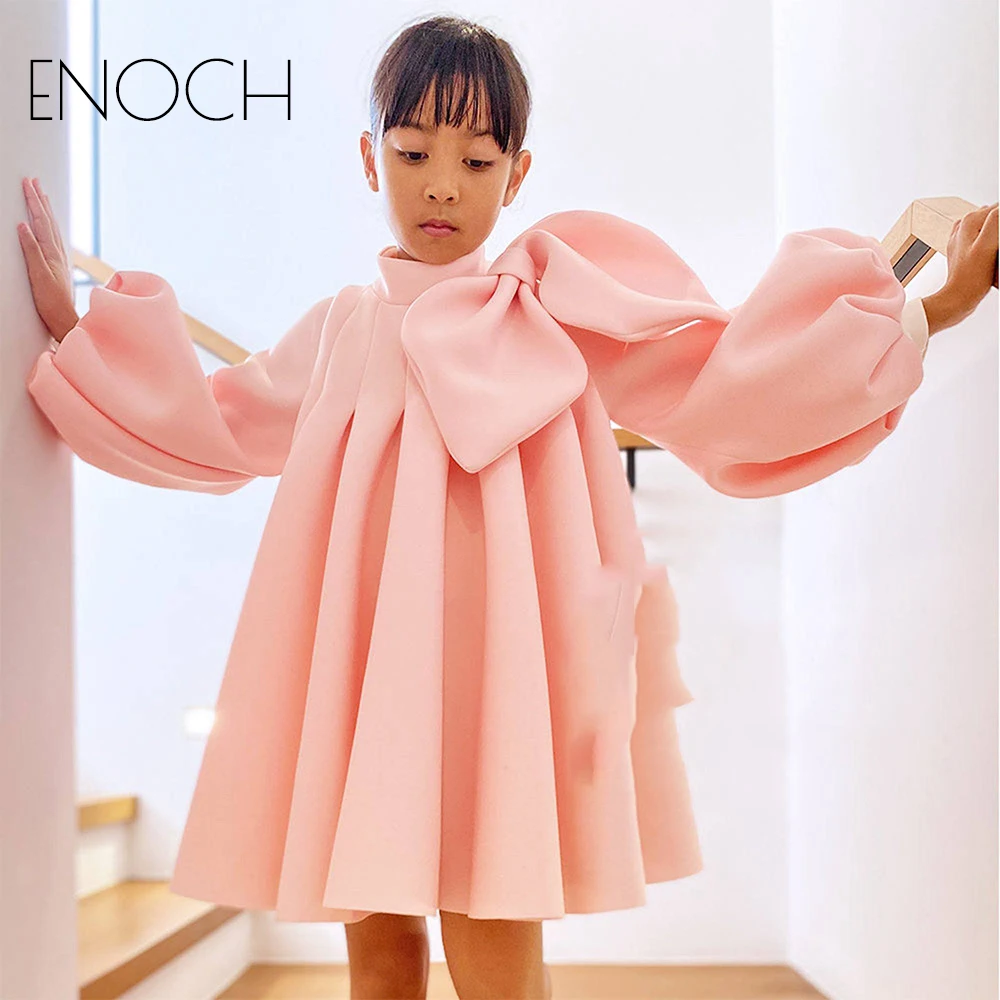 ENOCH carino collo alto Flower Girl abiti lunghi con fiocco sulla spalla bambino bambini compleanno vestito lanterna ragazze abiti personalizzati estate nuovo