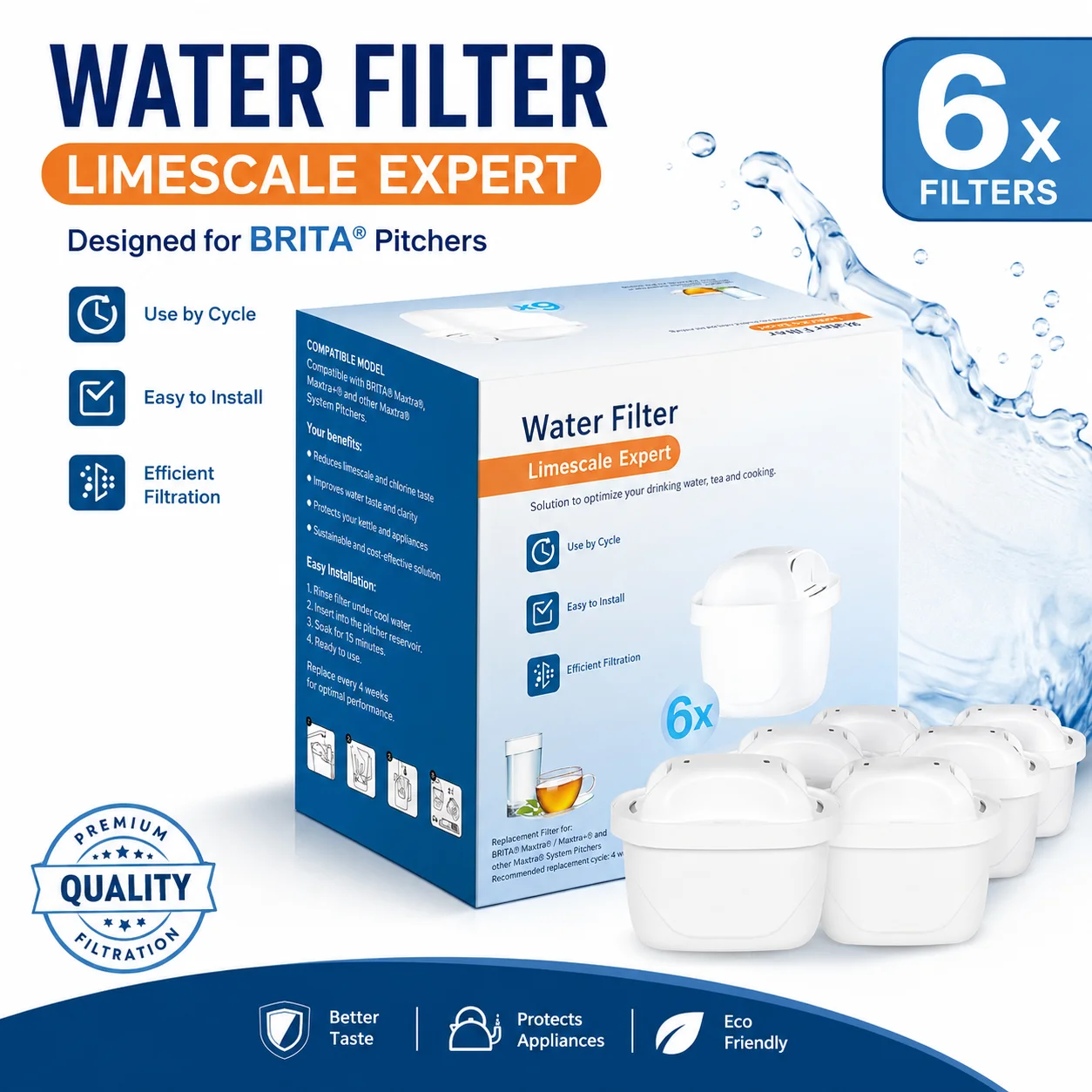 6PCS Water Kettle Filters Compatible with Brita Maxtra+/Pro Water Filter Cartridges For Brita Mavea Pitcher Replacement
