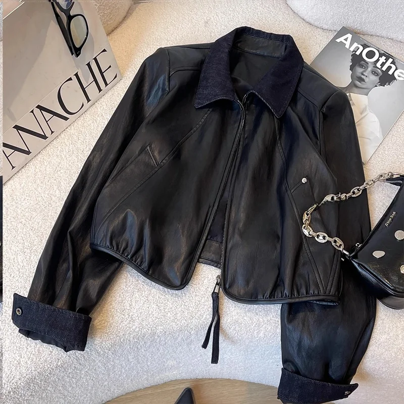 เสื้อโค้ทหนังผู้หญิง Bla Leather Jaet รุ่น ort Sle 2025 แฟชั่นฤดูใบไม้ร่วง สไตล์ลำลอง คุณภาพสูง อเนกประสงค์ ทันสมัย