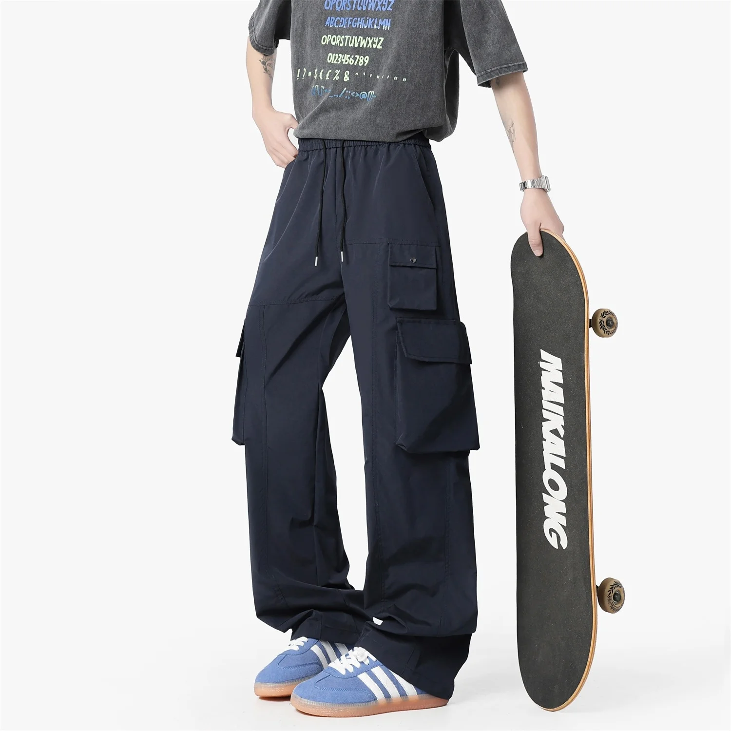 

Loose Straight Leg Men's Casual Pants Qui Dry Multi ket Workwear Trousers Harajuku Sle Elastic Waist Long Pants