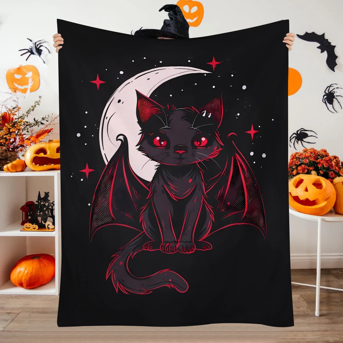 1 Stück Halloween Black Cat Moon Flanelldecke, weicher und bequemer Nickerchenumschlag, kleine Decke, Mehrzweckdecke
