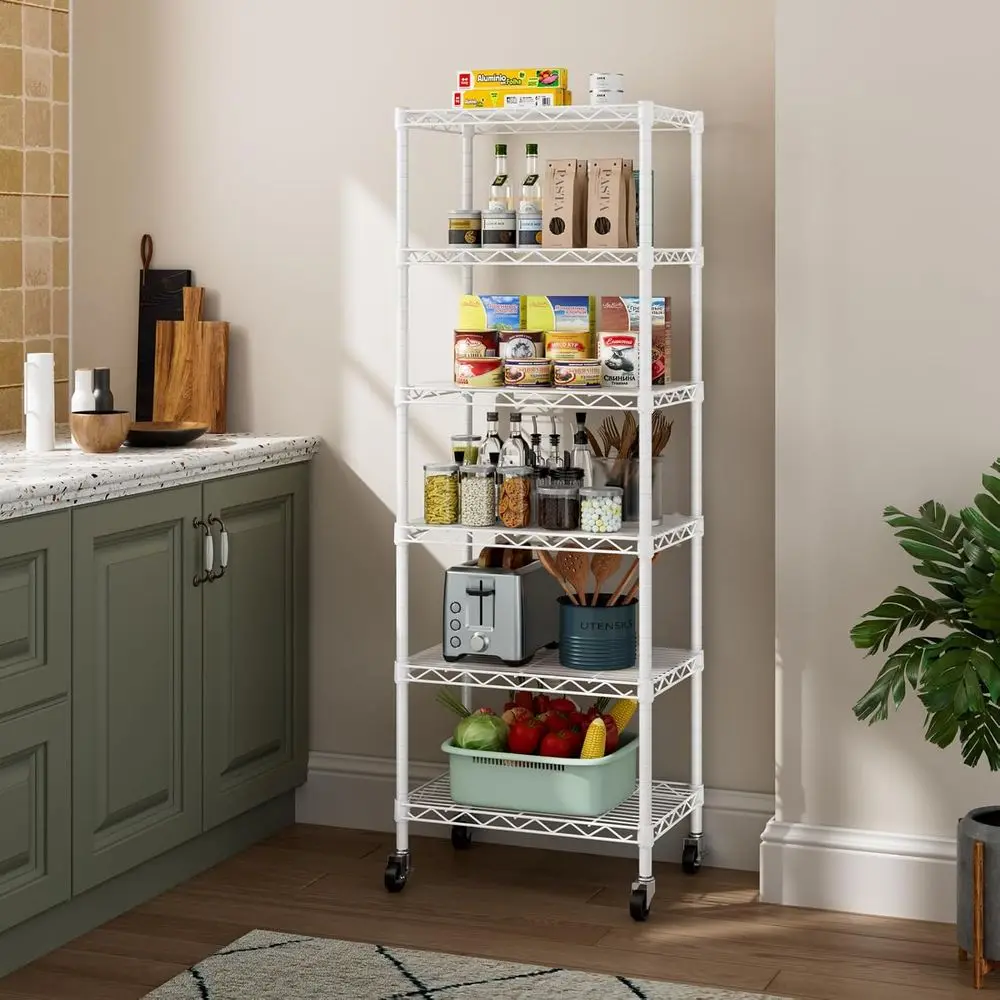 Rak Kawat Logam 6 Tingkat yang Dapat Disesuaikan dengan Roda, Putih, untuk Penyimpanan di Rumah di Dapur, Ruang Penyimpanan, Ruang Cuci, dan Kamar Mandi