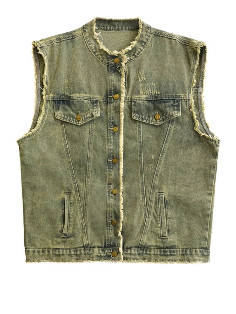 [EAM] Women Green Vintage Burr Big Size Denim Casual Vest New Round Neck Sleeveless Fashion Tide Spring Autumn 2024  1DH6962