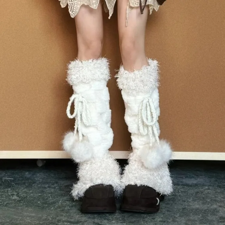 Streetear Japanese Style Women Fur Patchwork Leg Warmers Cover Student Autumn Y2k Casual Bandage Lolita Kawaii Warm Crochet