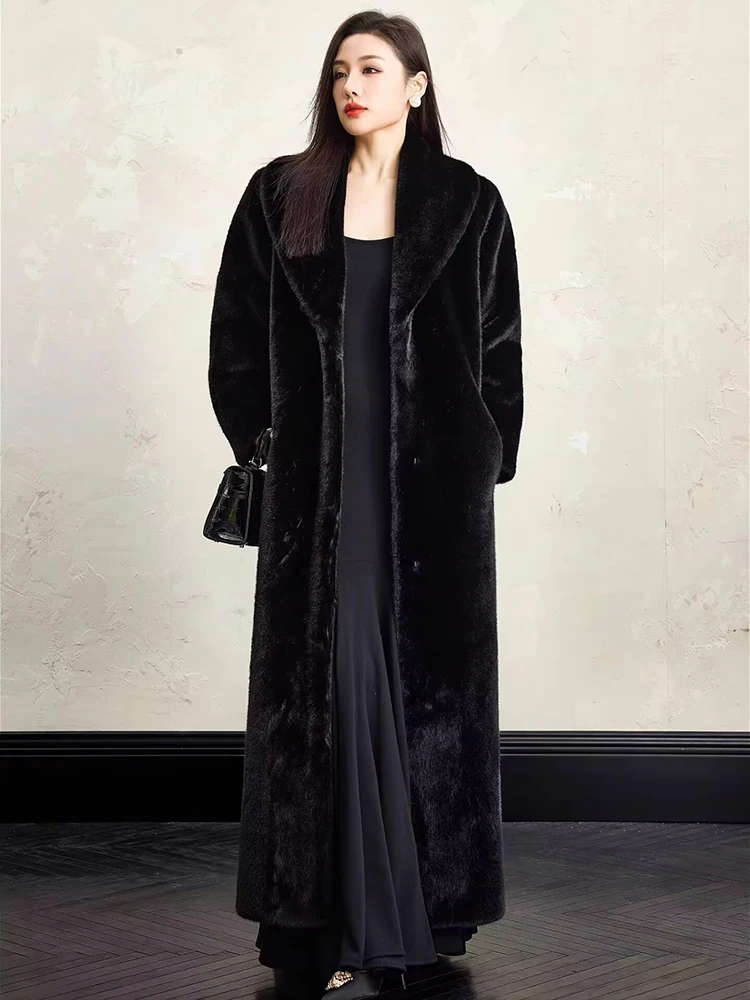 Lautaro Winter Extra Long Elegant Luxury Chic Thick Warm Soft Black Fluffy Faux  Fur Coat Women Shawl Collar Furry Overcoat 2025
