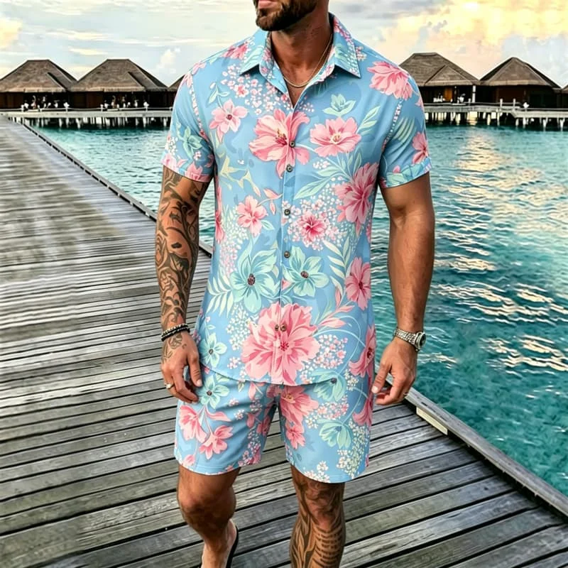 Ensemble de chemises à imprimé floral tropical pour hommes, style chaud et lumineux, idéal pour les voyages d'été et l'ambiance des îles chaudes