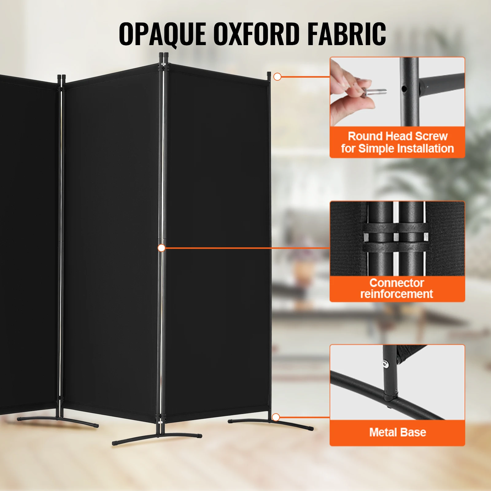 VEVOR Biombo Separador de Ambientes de 3464 x 1840 x 520 mm, Separador Plegable de Ambientes de 4 Paneles Mampara de Privacidad para Interiores, Separador de Ambientes para Oficina, Dormitorio, Negro