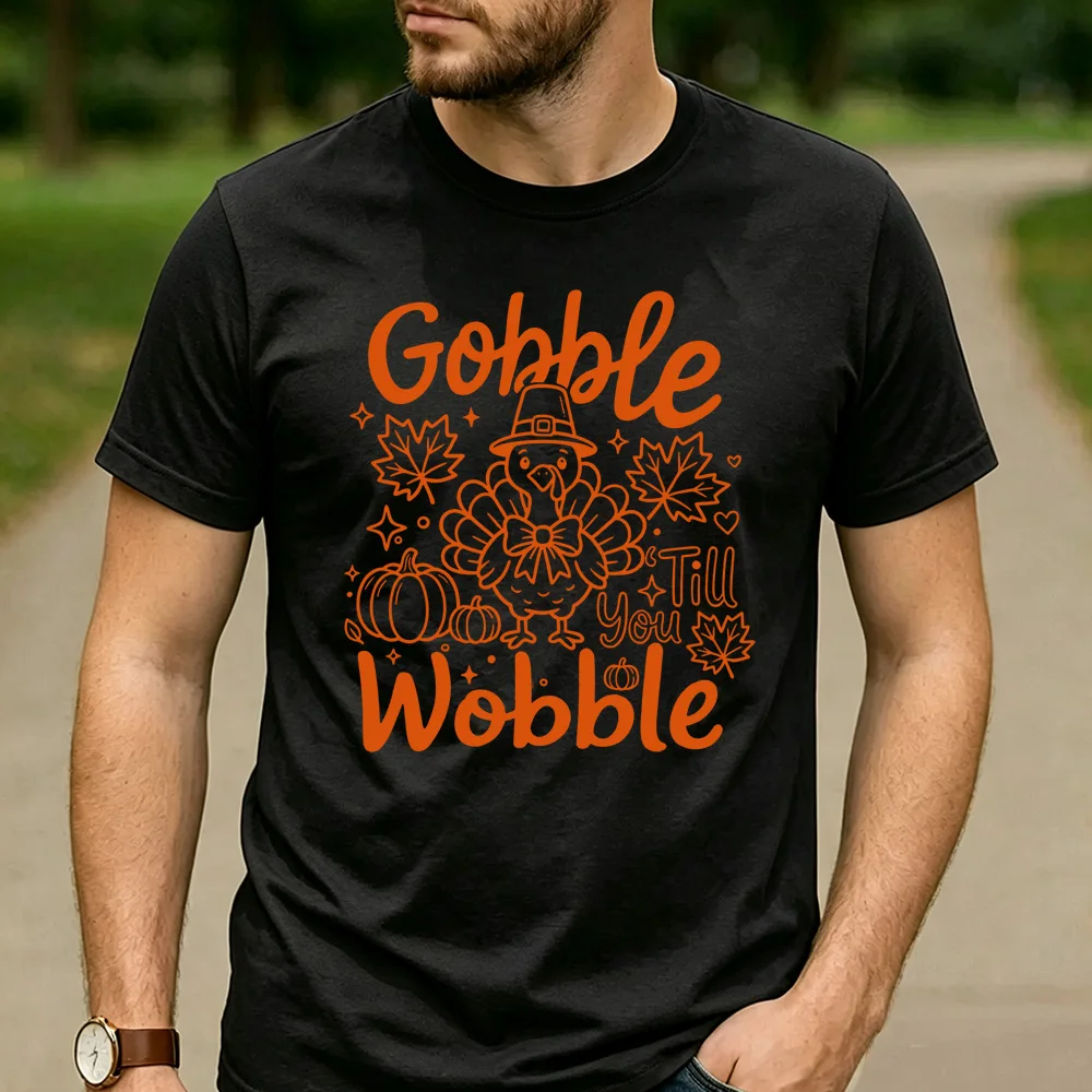 Gobble Till You Wobble Line Art Pilgrim Turkey Pumpkin Maple Leaf Graphic T Shirt Unisex Cotton Funny Thanksgiving Casual Tee