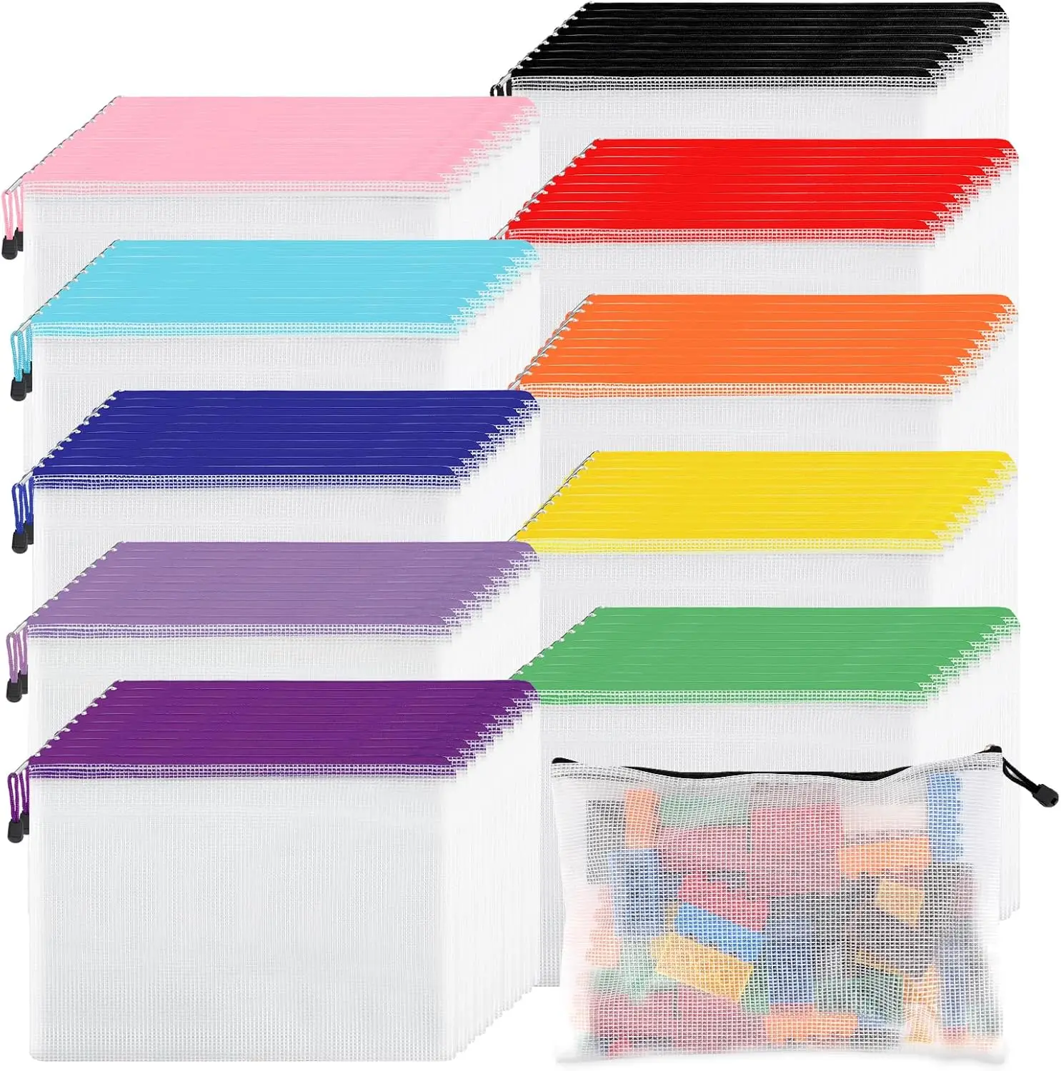 

100pcs A4 Mesh Zipper Pouches, 10 Colors Waterproof Storage Bags for Organizing Documents, Office Supplies