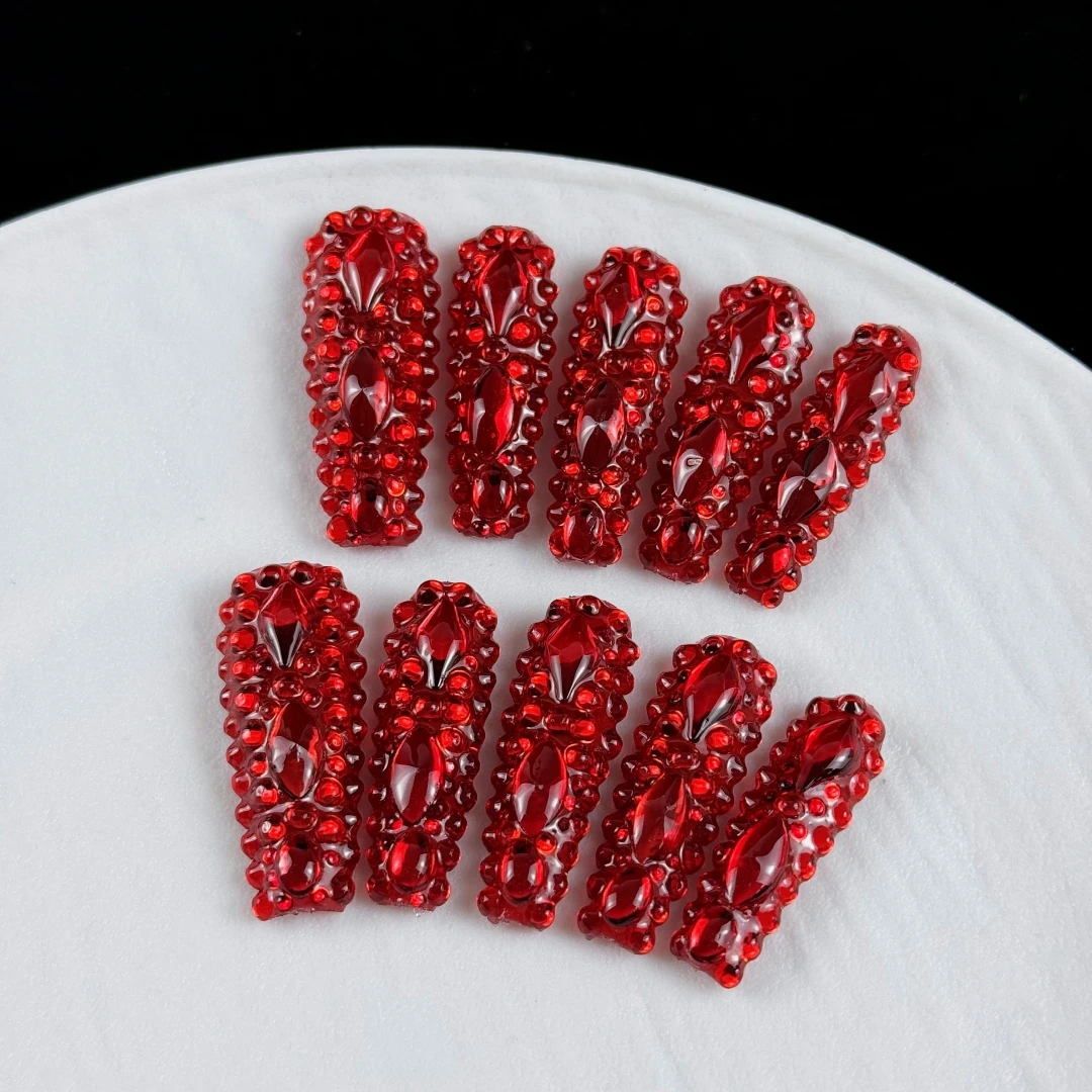 10pcs high-end Luxurious retro style, hand-painted three-dimensional red diamonds, dazzling with numerous diamonds handmade fake