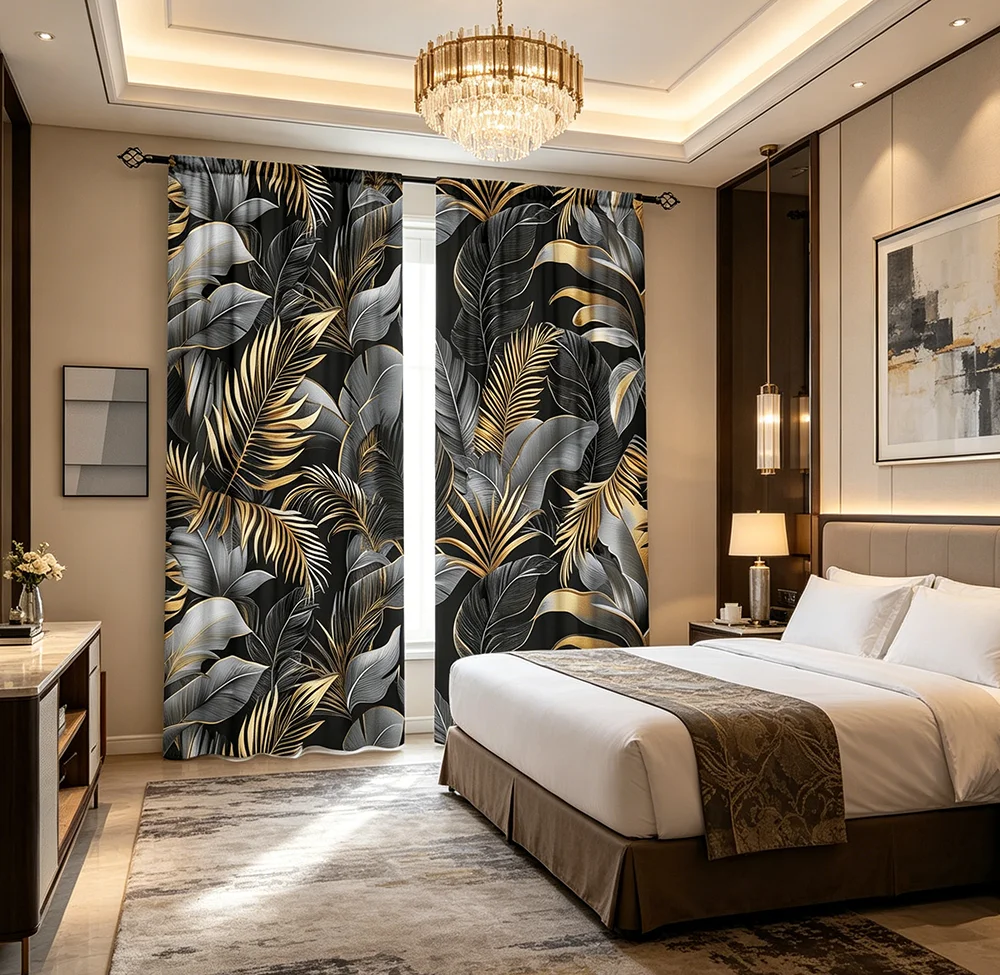 2PCS Digital Printed Curtains, Luxury Tropical Leaf Pattern, Exotic Palm Style for Living Room Bedroom Apartment Home Decor