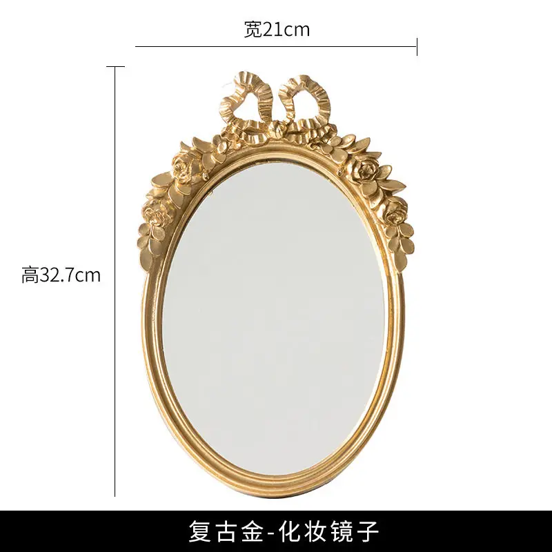 French Retro Gold Engraved Makeup Mirror Table, Resin Handheld Mirror Desktop Dressing Mirror Ornament