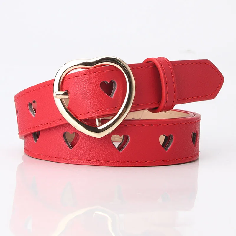 

Cute Heart Buckle PU Leather Belt For Women Heart Eyelet Hollow Out Waist Belts Solid Color Casual Jeans Pants Belt