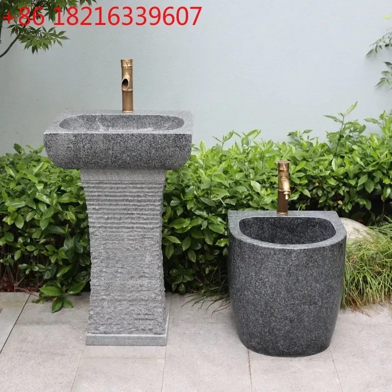YAO Natural Stone Marble Washbasin Outdoor Sink for Courtyard Terrace Villa Balcony Sub-sink with Column Pedestal Household Use