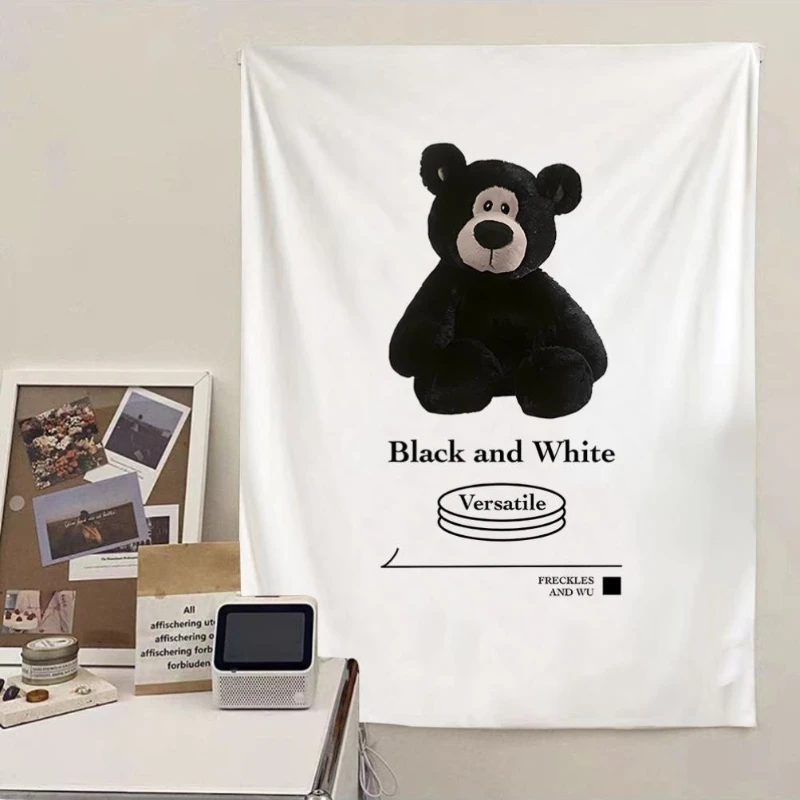 VIKAMA Black Teddy Bear Tapestry Wall Hanging White Minimalist Cute Plush Toy Print Aesthetic Wall Art Bedroom Dorm Decor