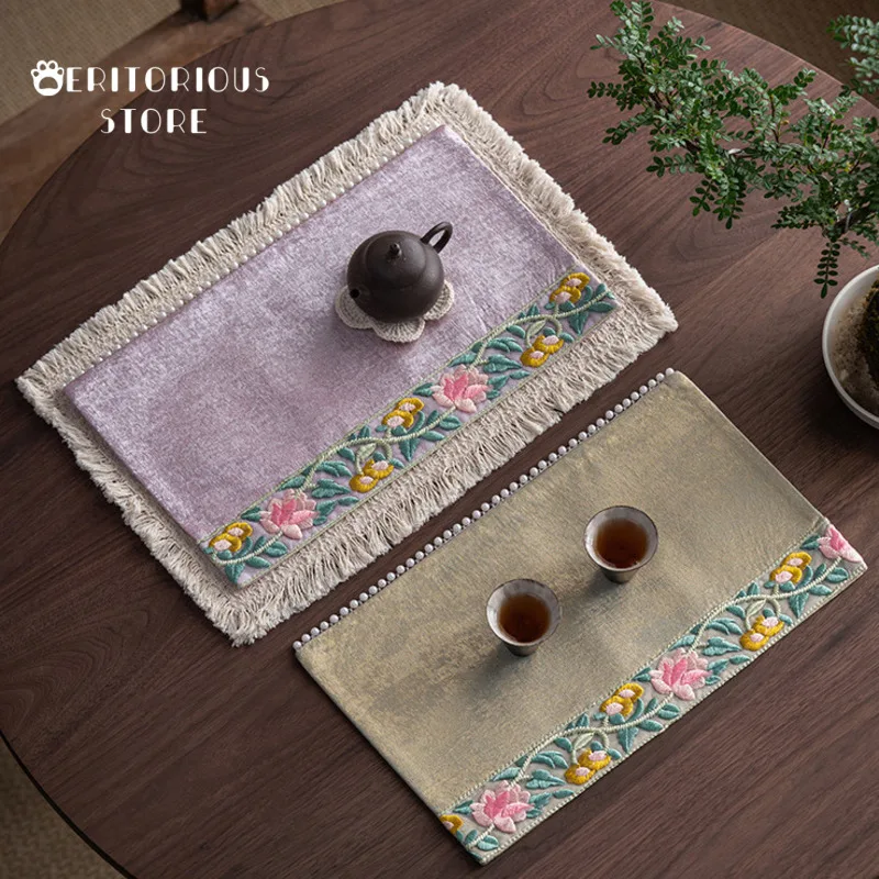 Embroidered Tea Mat Large Coasters Handmad Tea Towel Rug Table Mats Teapot Carpet Cloth Tea Ceremony Accessories Supplies Home