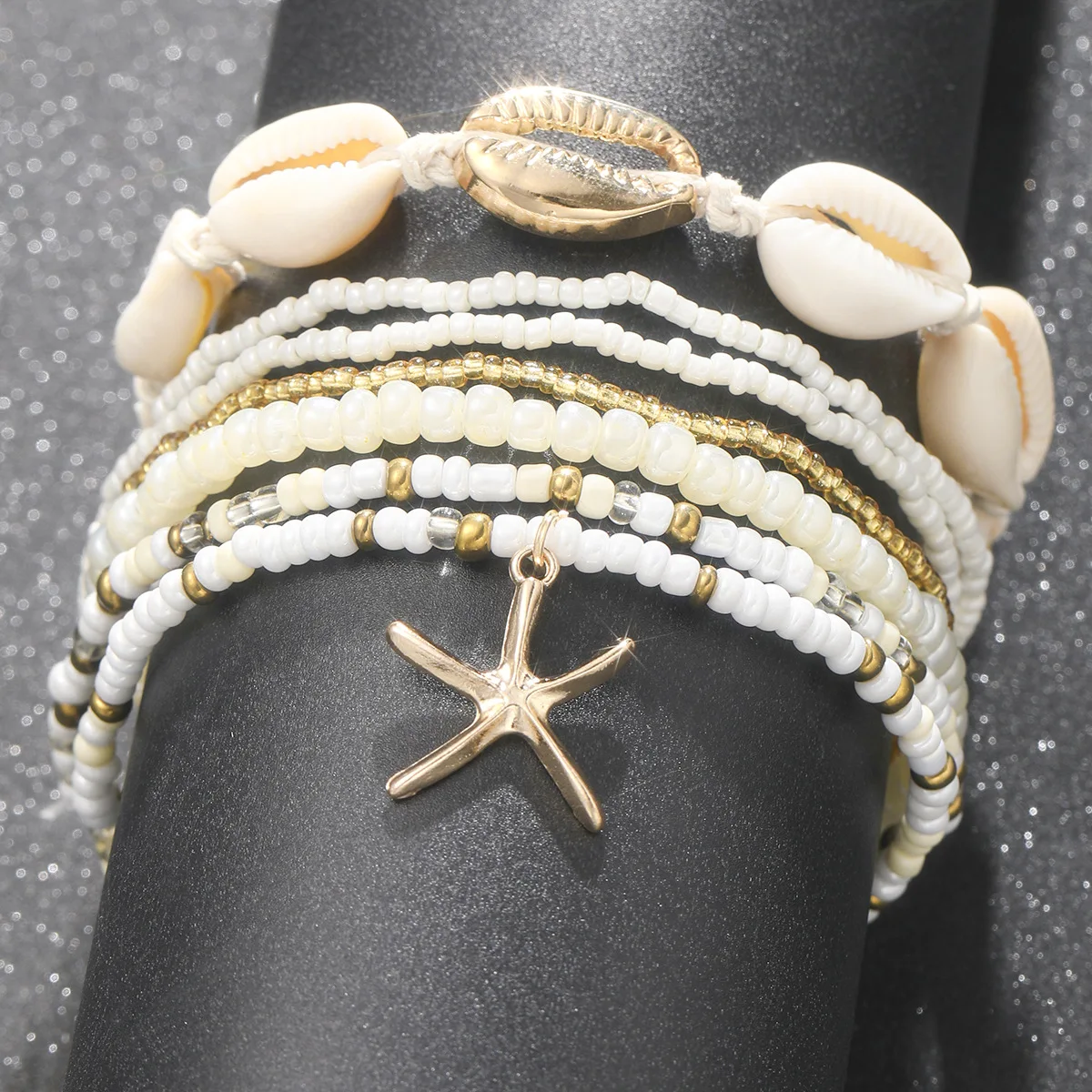 Layered Boho Anklet with Shell Starfish and Tiny Beads for Women Beach Holiday Summer Lightweight Daily Wear Non Tangle