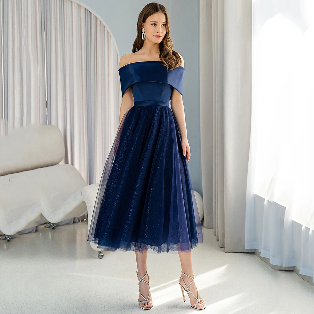 

Jiayigong Simple A-line tulle Evening Dress Exquisite Blue Off the Shoulder Tea-length sleeveless Formal Prom Gowns