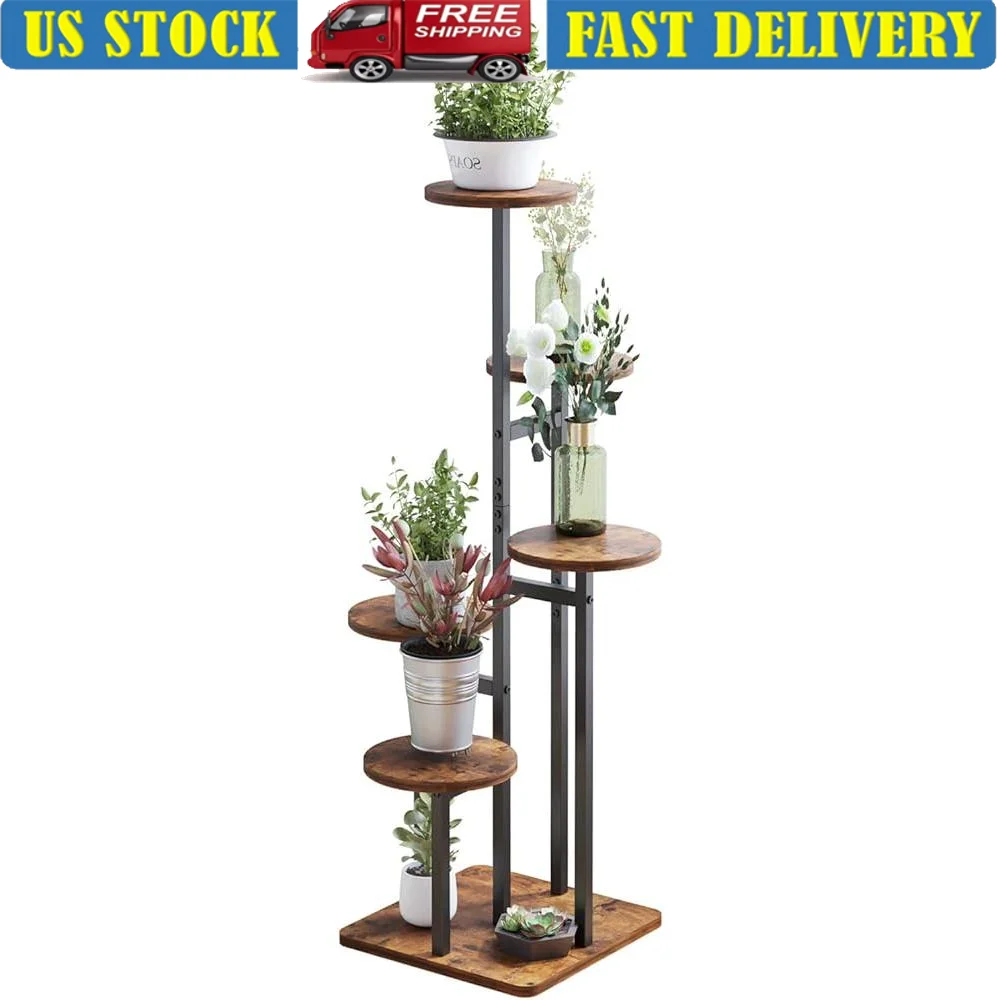 

5 Tier Indoor Plant Stand Multi Tiered Flower Shelf Corner Display Staggered Design Durable Iron Wood Home Decor