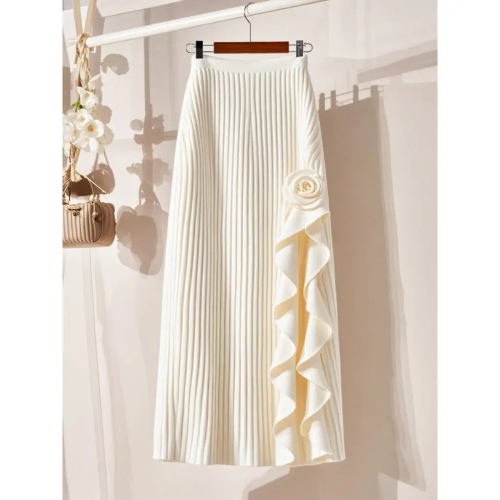 

Korean Style High-Waist Asymmetrical A-Line Skirt for Women Mid-Length Slimming Look Sexy Rose Print Spring/Fall New