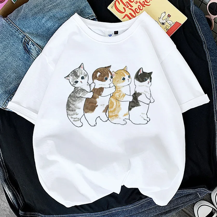 Kawaii Cat Shark Women Print Funny T-shirt Girl Animal Y2K Fashion 90S Print Tops Tee Gril Black White Clothes,Drop Ship