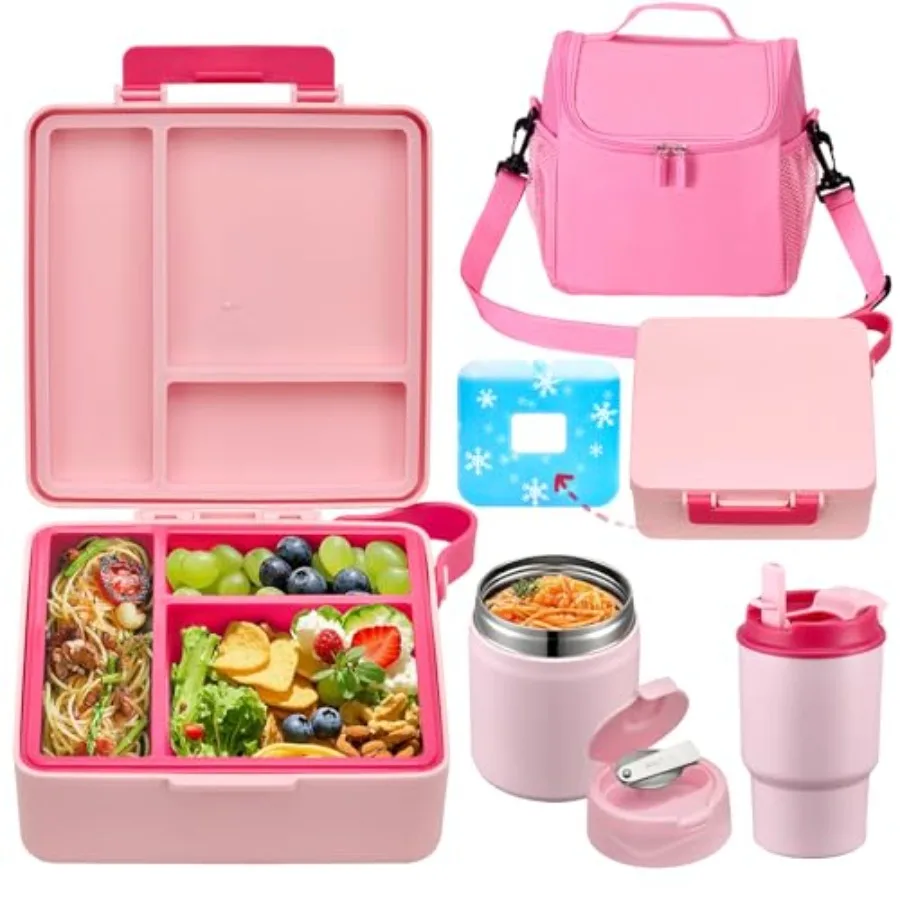 

Ланч-бокс Bento с термоизолированной бутылкой для супа объемом 17 унций и изолированной сумкой для обеда, герметичный, с 3 отделениями.