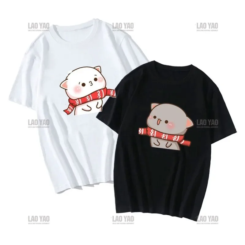 Cute Peach Cat Cartoon Couple Print Shirt Unisex Shirt Gray Sent Flowers To Peach T Shirt Cotton Lovers\' Clothes Casual Tee