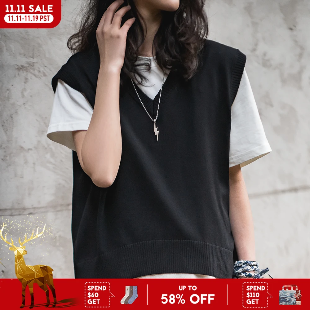 

Maden Women Casual Backless Knitted Vest V-neck Black Sleeveless Lace-up Sweater Vests Female Knitwear Tops Oversize Outwear
