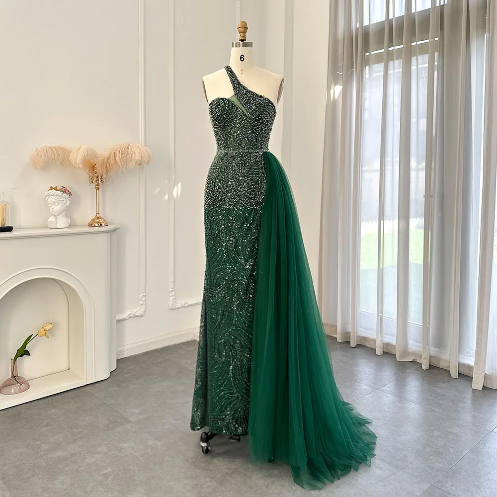 

SCZ065 Jancember Emerald Green One Shoulder Evening Dresses with OVerskirt Side Slit Luxury Champagne Mermaid Prom Formal Gowns