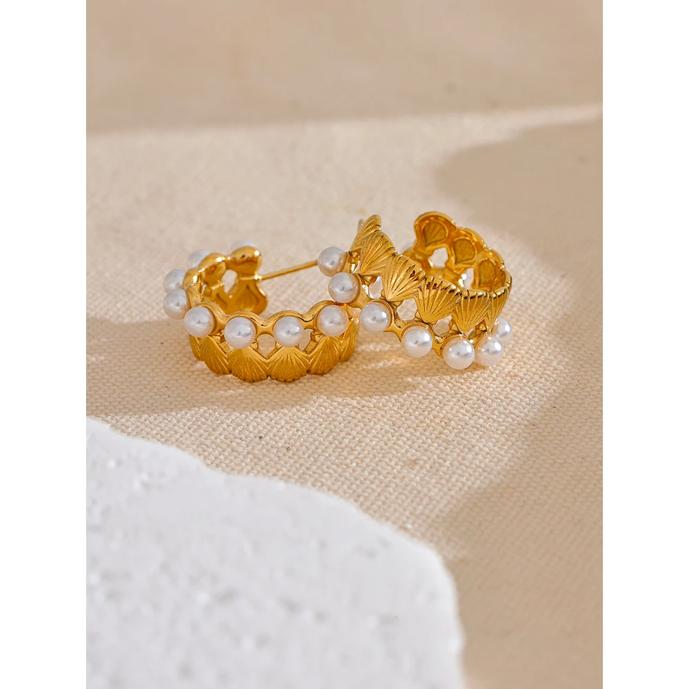 Yhpup Shell Casting Imitation Pearls Geometric Hoop Earrings Golden 18K Plated Stainless Steel Fashion Holiday Jewelry Gift