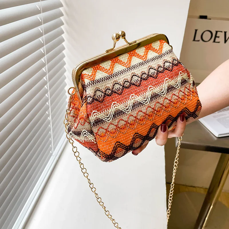 Vintage Fashion Striped Bohemian Hand Shell Bag Chain Women Shoulder Bag 2021 NEW Women's Handbags Purses