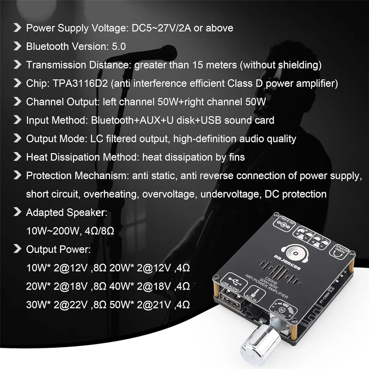 

DAJUNGUO C50HS Bluetooth Amplifier Board 50W+50W TPA3116D2 HiFi Chip 12-24V Digital Audio Power Amplifier Module SSQ