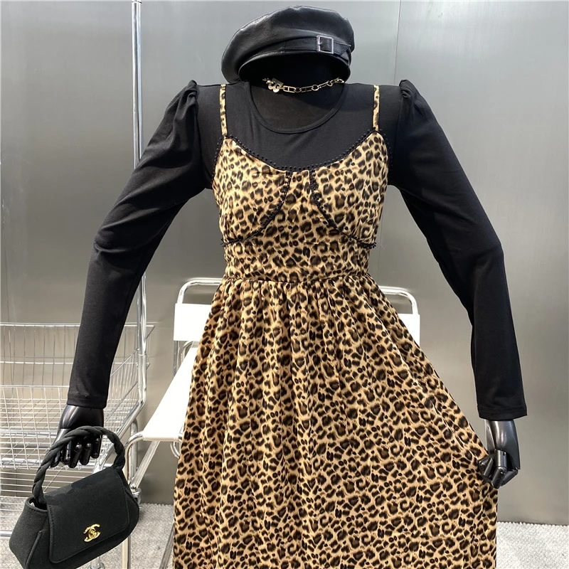 Nuovo 2022 Vintage stampa leopardo Sexy scollo a v cinturino in vita gonna lunga manica a bolla girocollo camicia a fondo nero abito a due pezzi