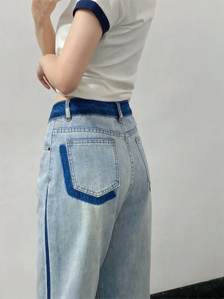 秋冬の女性向けデザインセンス抜群のカラーブロックレトロハイウエストジーンズ、スリムなワイドレッグストレートパンツ