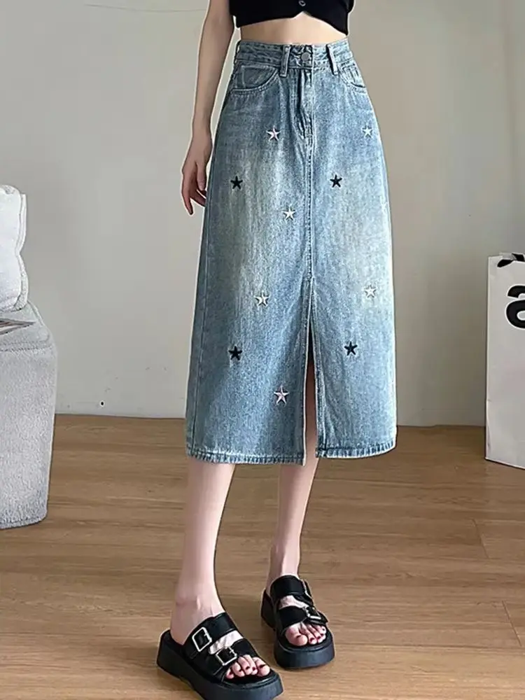 New Chic Split Simple Classic Loose Denim Female Skirt Summer Fashion Embroidery Casual Slim High Waist Xs-2Xl Midi Women Skirts