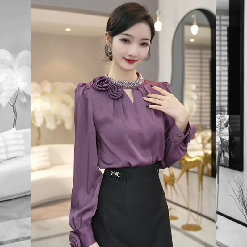 2024 Early Autumn New Top Early Autumn Wearing with Elegant Temperament Purple Light Luxury Women's Long Sleeved Shirt