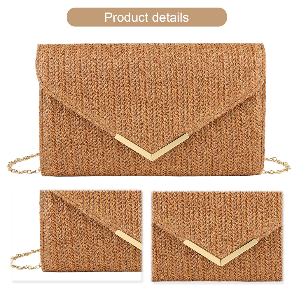 

Magnetic Closure Shoulder Bag Straw Clutch Purse Large Capacity for Women Summer Beach Handbag for Wedding Vacation Travel Party