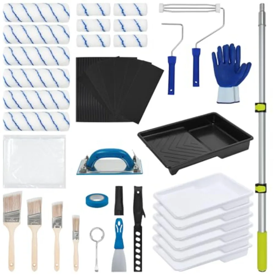 

【Spot goods】54 PCS Paint Roller Kit with Extension Pole All-in-One Painting Supplies and Repair Set for Home DIY - Includes 4"