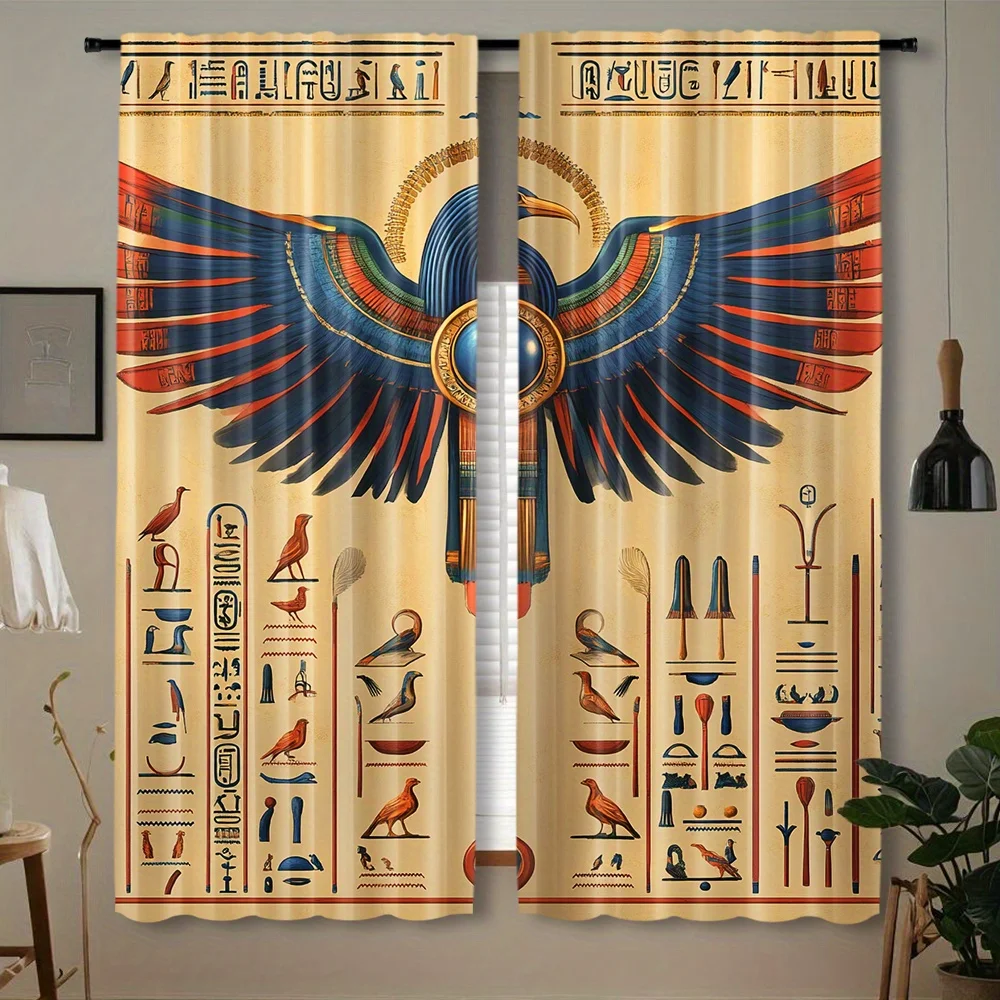 Egypt Hieroglyph Wing Totem Rod Pocket Curtain Colorful Falcon Wing Antique Scroll Pattern For Tea Room Apartment Cultural Bay