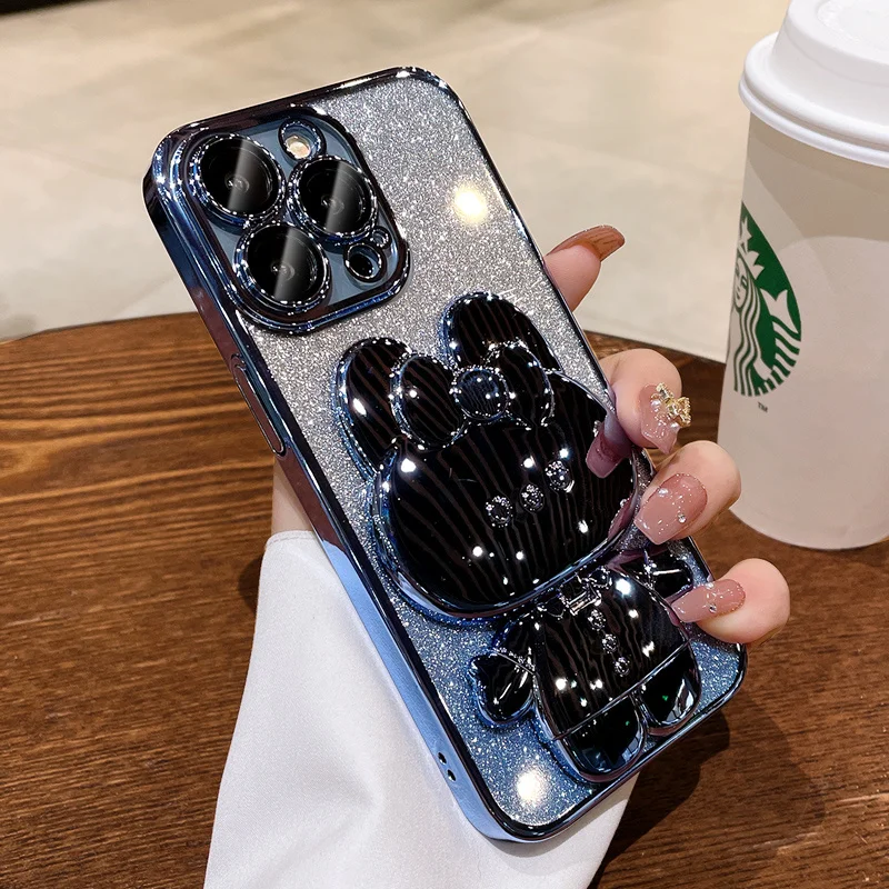 Caso luxuoso do telefone do chapeamento do gradiente do brilho, suporte do coelho dos desenhos animados, tampa de Bling para o iPhone 14, 13, 12, 11 Pro Max, X, Xs, XR, 7, 8 mais, SE2