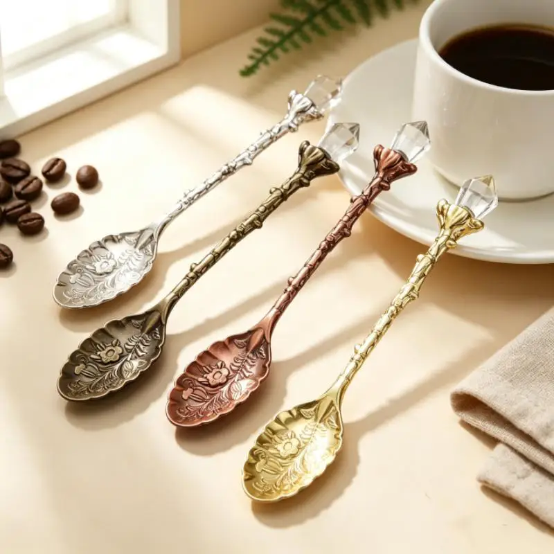 【MA】Vintage Leaves Coffee Spoon Crystal Teaspoon Milk Ice Cream Cake Kitchen Tool Accessories