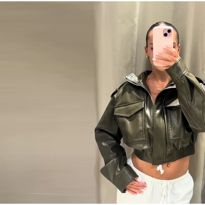 

Vintage Zippers Short Leather Jackets Women's Casual Lapel Button Pockets Full Sleeve Coat Autumn New Lady Chic Streetwear