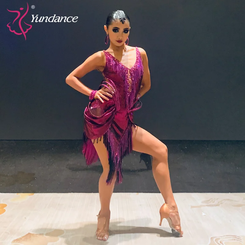 K-340 Latin Dance Dress Competition Dresses Costumes Skirt Performing Rhinestones Adult Children Tassel dress Various color