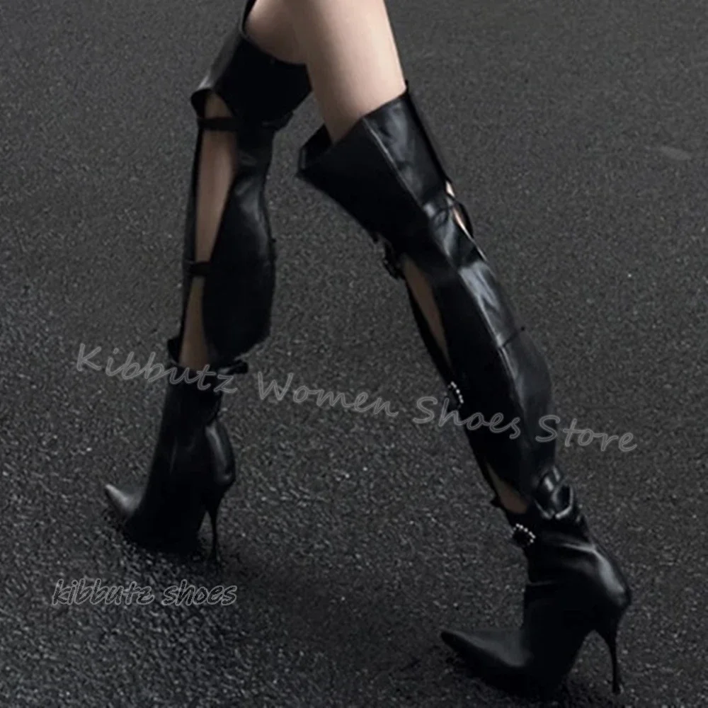 

Over The Knee Boots Belt Buckles Genuine Leather Elegant Concise Sexy Solid Color Slip-On Women Shoes New Pointed Toe Thin Heels
