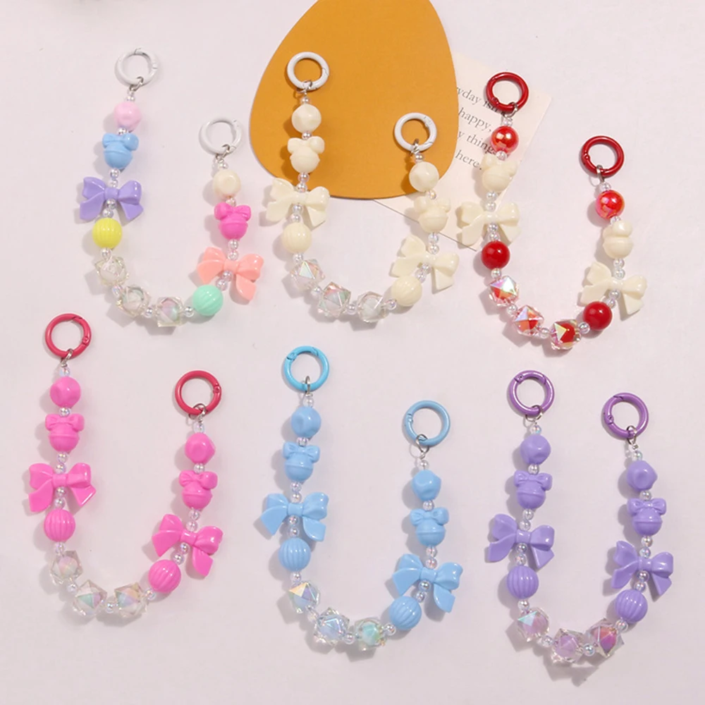 Colorful Bowknot Bead Phone Strap Charm Chain Knot Cellphone Lanyard Keychain Girl Bag Camera Pendant for Airpods Case