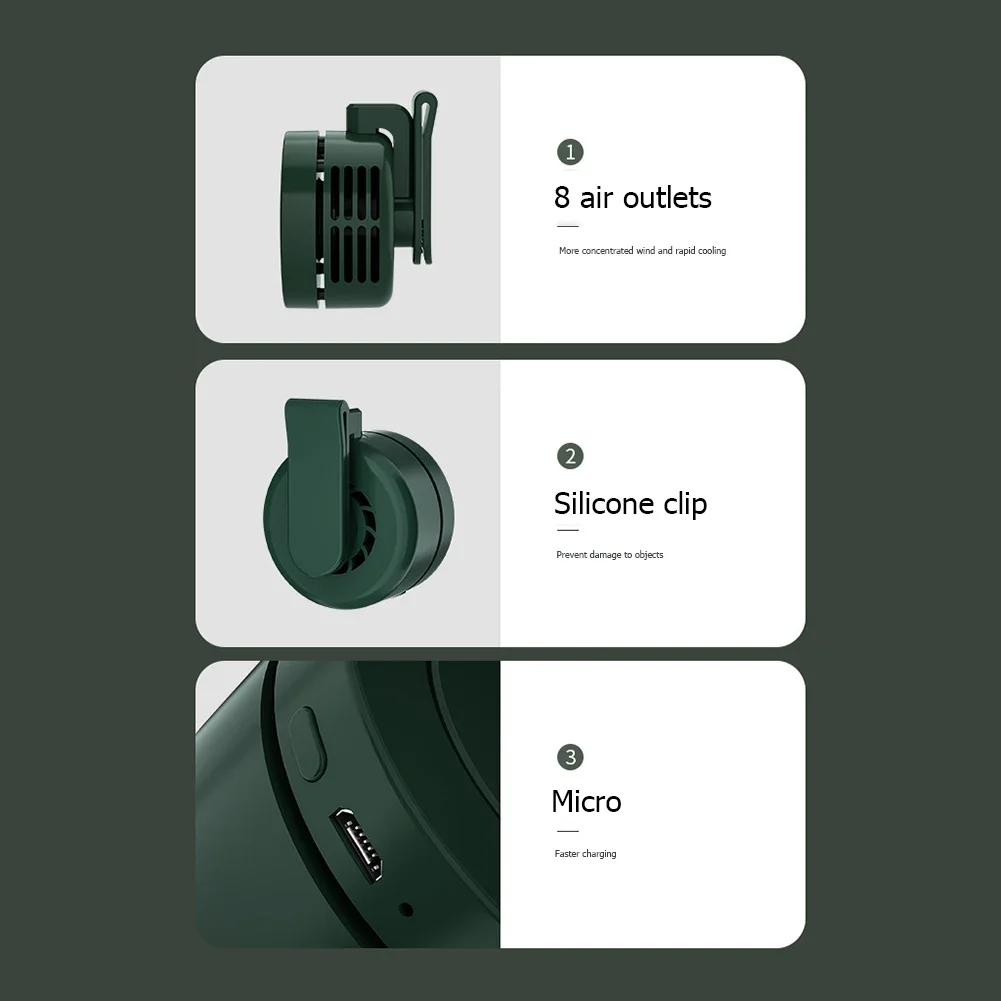 مروحة بمشبك صغير معلقة الخصر الرقبة مروحة فتاة الكهربائية مروحة تبريد الهواء 900mah USB مروحة بلا أوراق 3 سرعات المحمولة برودة الهواء