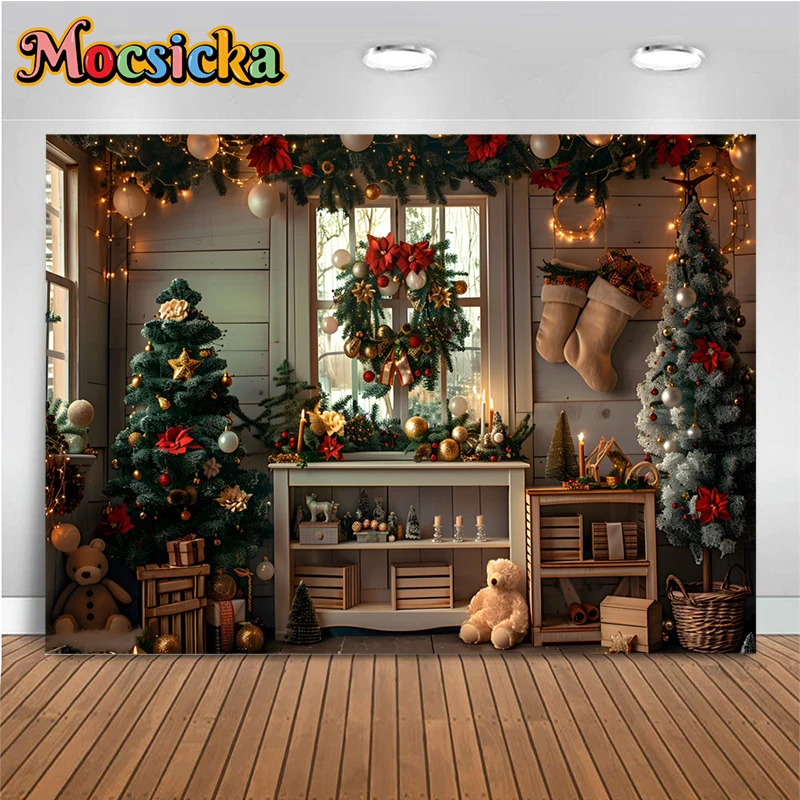 Merry Christmas Tree Background Bear Socks Kid Newborn Photography Backdrop Indoor Home Party Decoration Props Fond Photo Studio