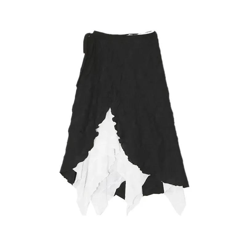 Black White Contrast Skirt Women Asymmetric Slit Skinny Vintage Inspired Skirt Pretty Sheer A Line Mesh Lace Up Midi Skirt