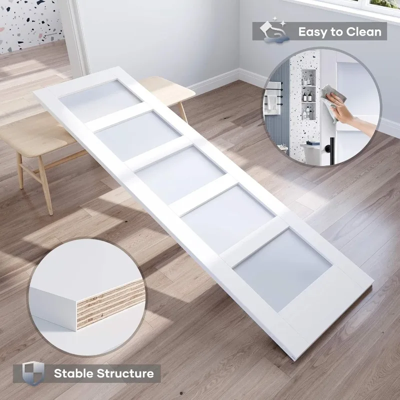 لوح باب الحظيرة الزجاجي المنزلق مقاس 32 × 80 بوصة ومجموعة أدوات بطول 5.5 قدم، 5 زجاج بلوري، لوحة خشبية LVL مغطاة بالماء الأبيض